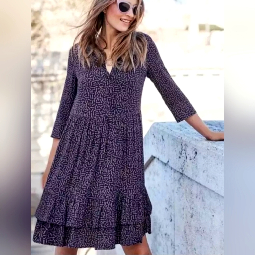 Boden Dress Navy Blue Arrow Print Relaxed Ruffle Tiered Hem Womens Sz 16L Midi